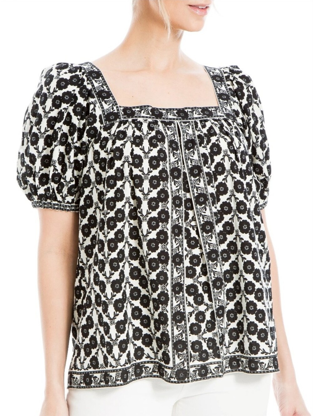 NWOT Max Studio Women's Black & White Floral Puff Sleeve Size M Boho Peasant